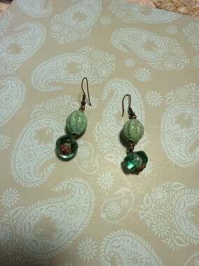 Japan Earthy Celadon French Vintage Crackle Bead Earrings ais...
